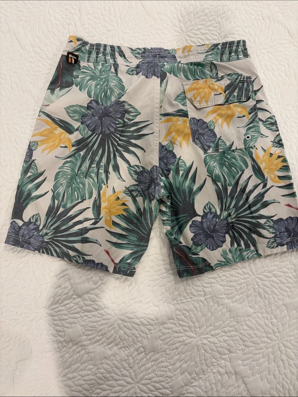 Men’s Hurley Tropical Leaf Print Swim Trunks — Green, Yellow, Gray Sz 28